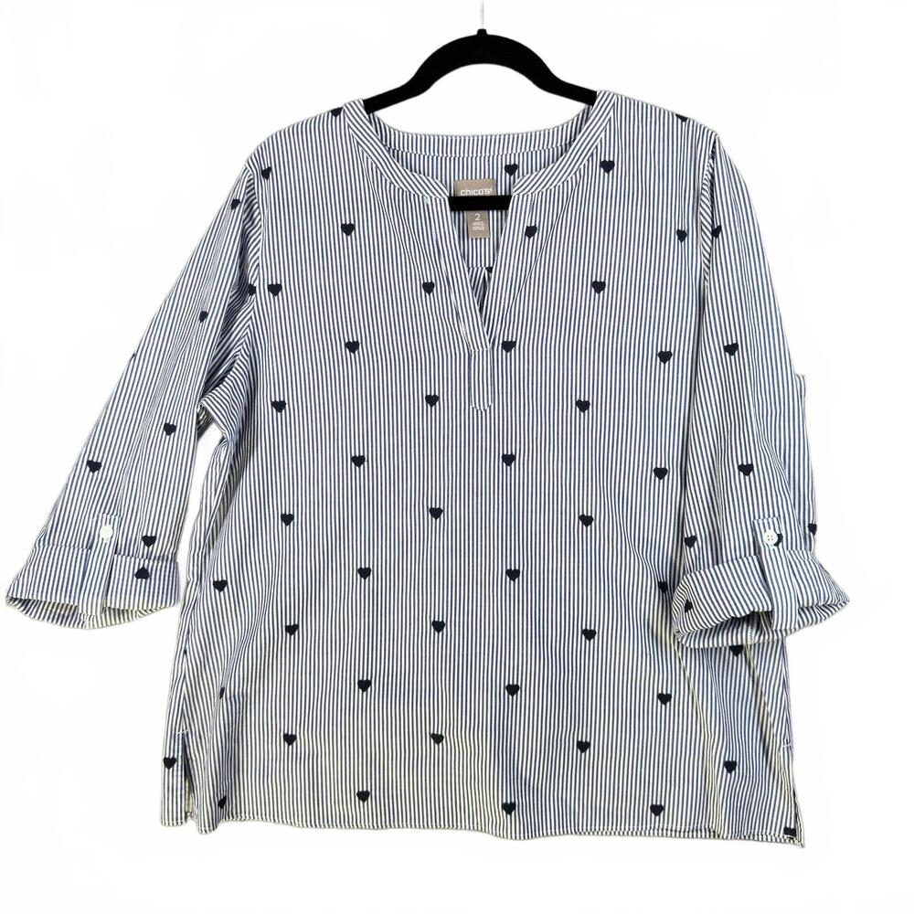 Chico's Women's‎ Striped Embroidered Top Size 2 blue white hearts 3/4 sleeve